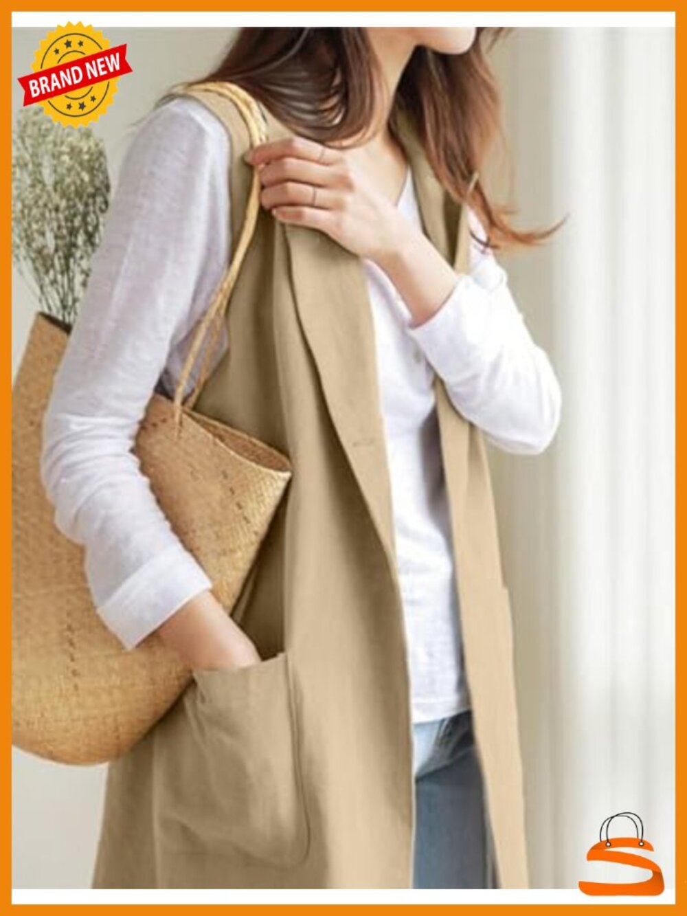 Sleeveless Notch Lapel Linen Vest Blazer Coat with Pockets - Picture 2 of 3